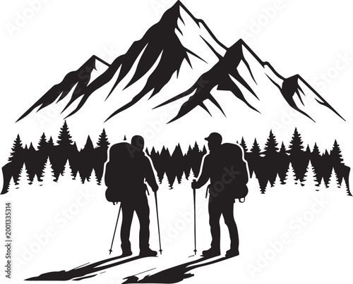 Skiing, mountain, silhouette, vector, winter sports, adventure, black and white