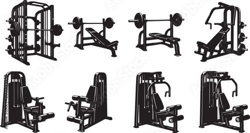Gym equipment, workout machines, fitness center, exercise gear, 7 black icons