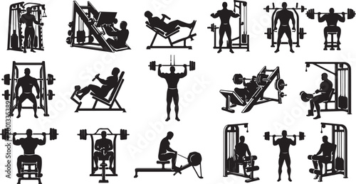 Gym icons, fitness equipment silhouettes, workout vector graphics, exercise machines