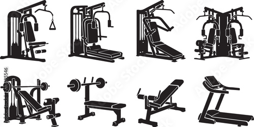 Gym equipment icons, fitness machines, workout gear, exercise illustrations, vector graphics