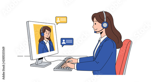 Customer support representative wearing a headset communicates with a client via video call on a computer monitor in an office setting.