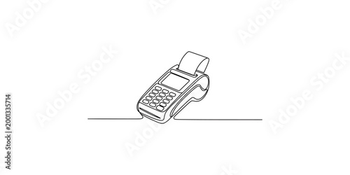 A line drawing of a payment terminal with a keypad and receipt printer on a white background