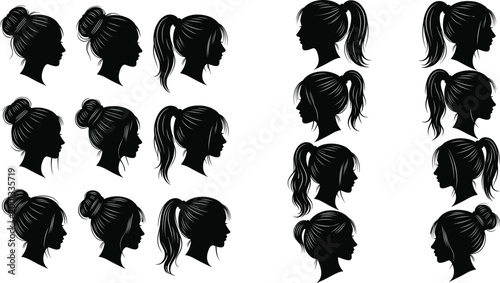 Collection of Female Silhouettes with Different Hairstyles Ponytail and Bun Designs