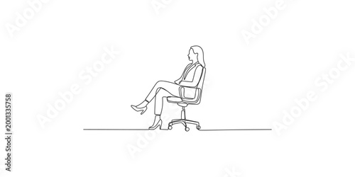A woman sitting on an office chair with her legs crossed in a relaxed position on a white background