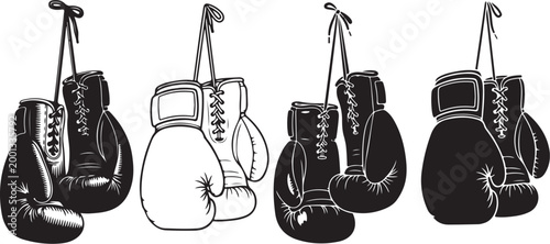 Boxing gloves, black and white, hanging, vector icons, sports equipment, fitness, boxing gear