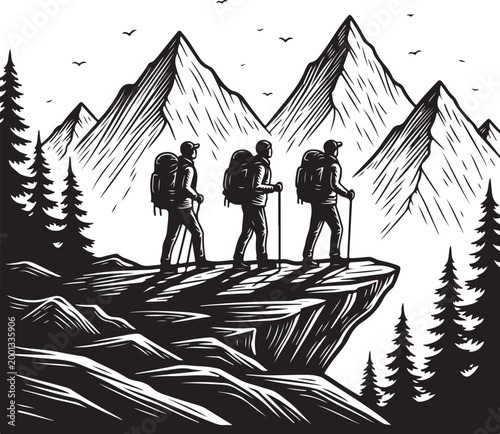 Hiking, mountain climbers, adventure seekers, black and white vector illustration