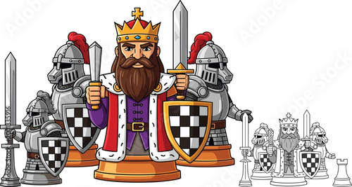 Bild auf Leinwand Medieval King Chess Piece Illustration with Armored Knights, Sword, Shield, and Royal Crown in Detailed Cartoon Style for Strategy Game and Fantasy Design