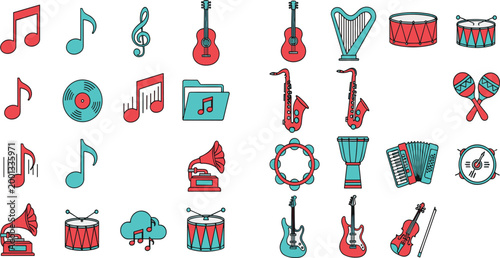 Colorful Music Icon Collection Featuring Notes, Instruments, Gramophone, Guitar, Drum, Saxophone, and Audio Symbols in Flat Design Style for Entertainment Projects.
