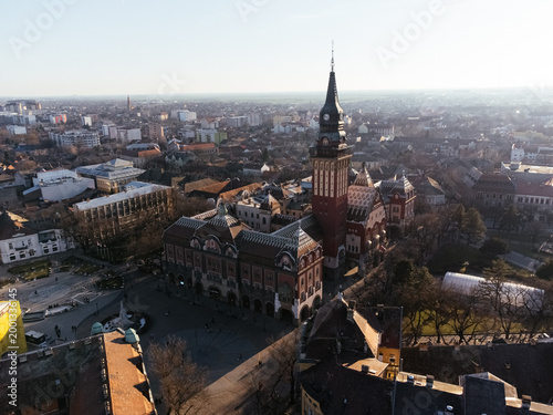 Drone view of Subotica downtown and city hall. Europe, Serbia