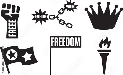 Revolution and liberation symbol set vector illustration with fist flag and broken chains. Protest Symbols Black and White Illustration