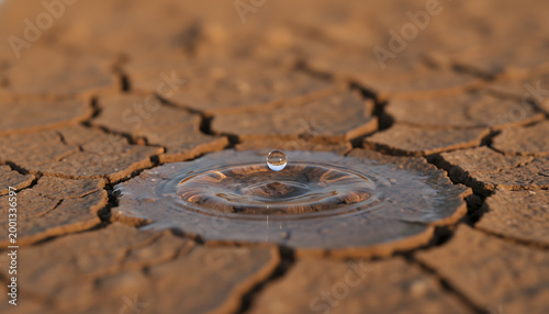 Single crystal clear water drop falls onto dry cracked earth creating small ripple
