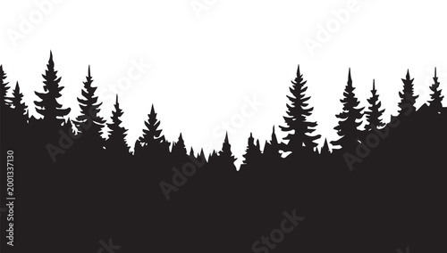 tree line, landscape with black silhouettes of trees and hills, trees silhouettes set. Black pine woods
