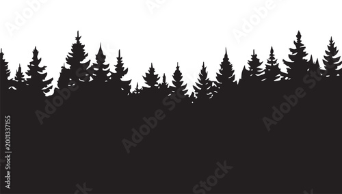tree line, landscape with black silhouettes of trees and hills, trees silhouettes set. Black pine woods