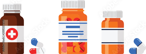Medicine bottles and pills set with capsules and tablets healthcare pharmacy concept vector illustration isolated on light background