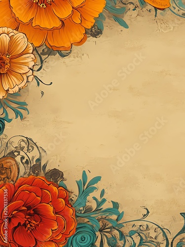 Vintage floral background with marigolds and ornaments for Dia de los Muertos