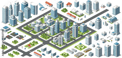 Isometric City Builder Elements Set with Skyscrapers Roads Houses and Urban Infrastructure for Map Creation, Game Design, and Smart City Planning Projects