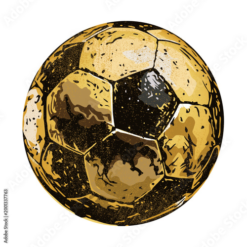 Old golden soccer ball grunge texture hand drawn style isolated on white background