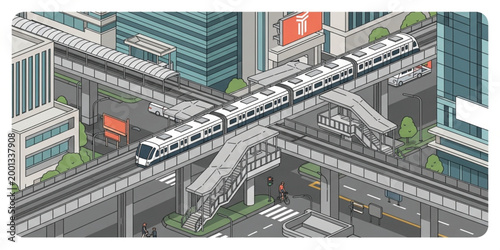 Isometric Elevated Metro Train Crossing Modern City Intersection with Pedestrian Bridges, Urban Infrastructure, Public Transport System, and Contemporary Architecture Illustration