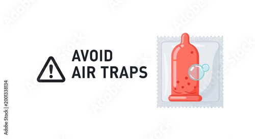 Vector condom icon, safety warning symbol, avoid air traps, protective packaging