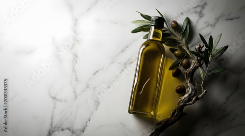 Extra virgin olive oil bottle with fresh olive branch and fruits on marble surface; studio lighting