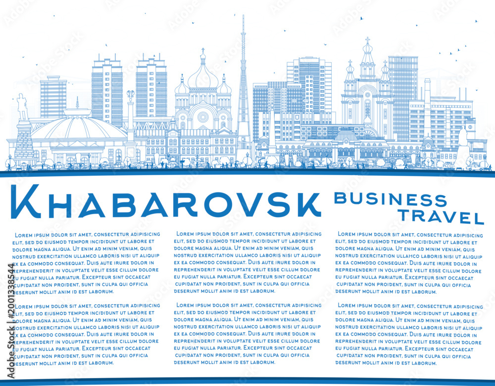 Obraz premium Outline Khabarovsk Russia city skyline with blue buildings and copy space. Khabarovsk cityscape with landmarks. Business travel and tourism concept with modern and historic architecture.