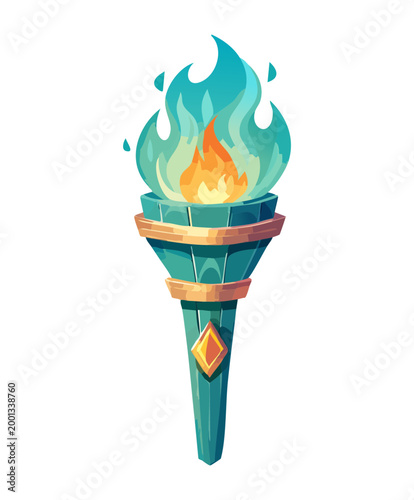 Foto Glowing teal magic torch with ornate silver handle for dungeon illumination and