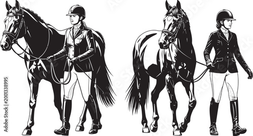 Two equestrians with horses in riding attire black and white illustration equestrian clothing competition activity illustration