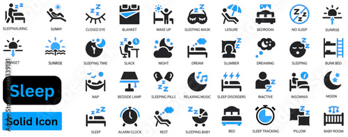 Sleep solid icon set. Sleep icon set. Healthy sleep icon set. Night routine, well, pillow, alarm, insomnia, wellness vector symbols. professional sleep hygiene and relaxation graphics. 
