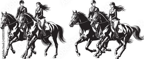 Two women riding horses in a line black and white illustration horse riding equestrian clothing competition activity illustration galloping together