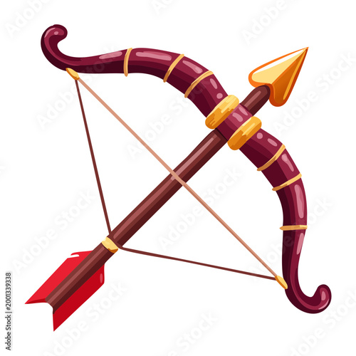 Cuadro en lienzo Red wooden bow and arrow set with golden ornaments for high level elven archer i
