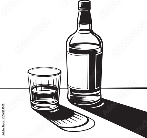 Isolated on a white background, a transparent glass and bottle of red wine, brandy, or whiskey reflect a sleek liquid beverage perfect for a bar or liquor advertisement