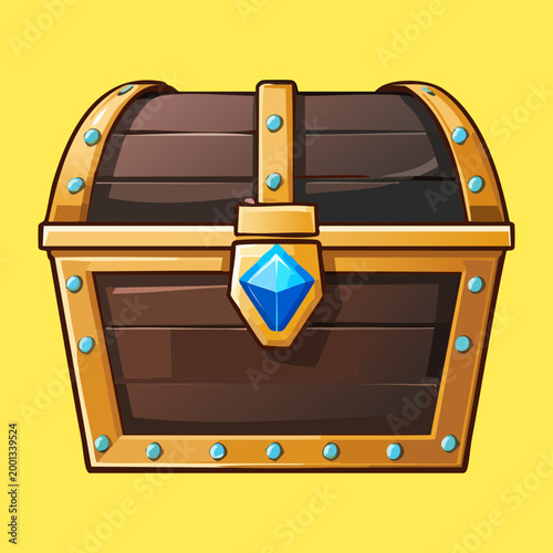 Schilderij op canvas Small wooden treasure chest with gold lock and blue sapphire for quest loot and