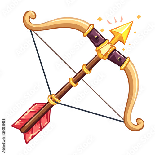 Foto Golden longbow with glowing strings and ornate arrow for high level ranger chara