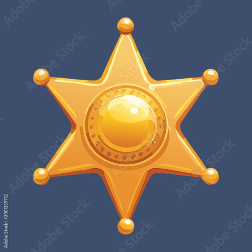 Golden sheriff star badge with six points for lawman or hunter rank in western fantasy adventure role playing game achievement ui design