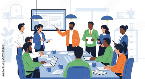 Diverse business team meeting in a modern conference room discussing strategy.