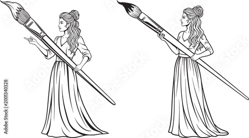 Two artistic female figures holding large paintbrushes drawing or painting line art fine art painting creative creativity inspiration imagination illustration education expression creation