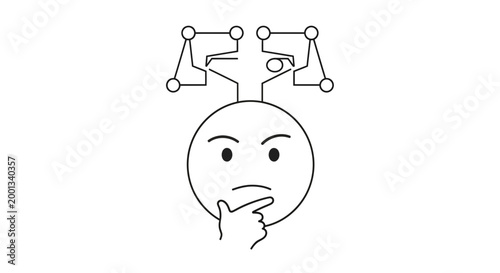 Thinking face, puzzled emoticon, confused expression, line art icon, minimalistic design