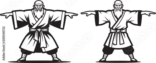 Two old men with long beards in traditional japanese martial arts uniform with arms outstretched in a wide stance graphic illustration old man black and white line art white background japanese