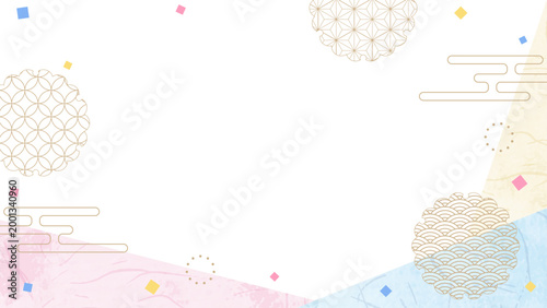 和風のデザインフレーム、和紙、紙吹雪、和柄のデコレーション、背景、16:9サイズ