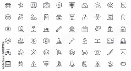 Various business and technology icons.