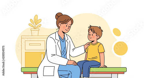 Doctor comforting young boy during medical examination.