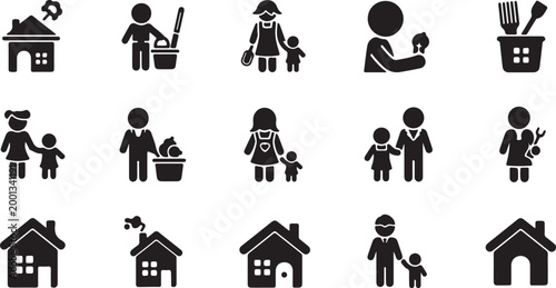 Black silhouette of people group in diverse poses jumping sitting standing and couples holding hands isolated on white background for design