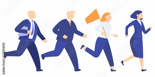 team of professionals running together in business attire