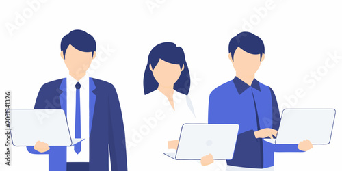 three colleagues holding laptops in business attire