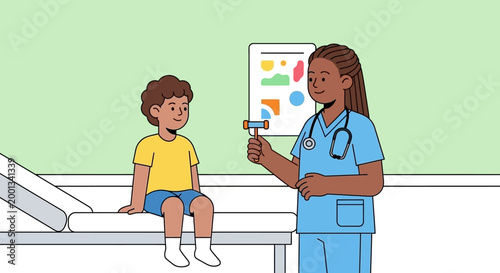 Doctor examines young boy with reflex hammer in examination room.