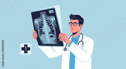Doctor examining a chest x-ray image for diagnosis.
