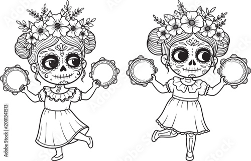 Two cute cartoon girls dressed as catrinas with sugar skull makeup holding tambourines day of the dead skeleton halloween festival celebration tradition tambourine traditional masquerade