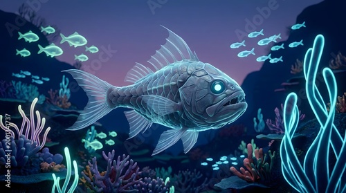 Ethereal bioluminescent fish swims through a dark glowing coral reef with small schooling fish