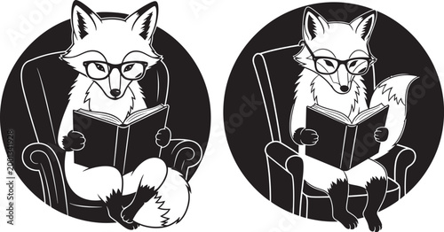 Two anthropomorphic foxes wearing glasses sitting in armchairs reading books black and white animal lover armchair anthropomorphic illustration character knowledge education intelligent