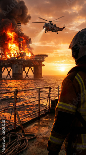 Dramatic scene of an oil rig engulfed in fire at sunset, with a rescue helicopter hovering above and a firefighter observing from a nearby vessel